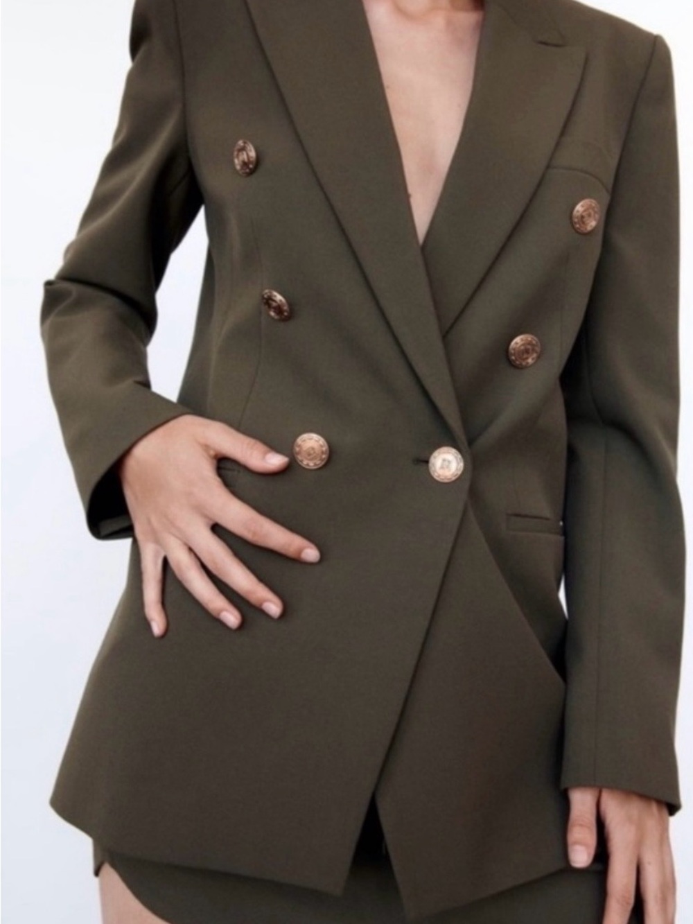 Zara Olive Green Double-Breasted Blazer with Gold Buttons Size XL